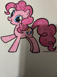 Size: 3024x4032 | Tagged: safe, artist:maddiedraws5678, pinkie pie, earth pony, pony, g4, closed mouth, colored, coloring page, cute, diapinkes, female, high res, mare, raised leg, simple background, smiling, solo, traditional art, white background