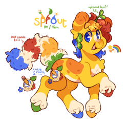 Size: 1911x1849 | Tagged: safe, artist:cocopudu, oc, oc only, oc:sprout (cocopudu), earth pony, pony, blaze (coat marking), blue eyes, blue text, body fluff, chest fluff, coat markings, colored belly, colored eartips, colored eyebrows, colored hooves, ear fluff, ear markings, ear stripes, eyebrows, eyebrows visible through hair, facial markings, green text, hooves, looking back, male, mismatched hooves, multicolored hair, multicolored hooves, multicolored mane, multicolored tail, open mouth, open smile, pale belly, ponysona, rainbow hair, rainbow tail, rainbow text, red text, reference sheet, shiny mane, simple background, smiling, socks (coat markings), solo, speedpaint available, splotches, sprout, stallion, stallion oc, striped tail, tail, text, unique tail, unshorn fetlocks, watermark, white background, yellow coat