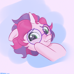 Size: 2480x2480 | Tagged: safe, artist:starburstuwu, oc, oc only, oc:melody (melodylibris), pony, unicorn, abstract background, bust, colored eyebrows, eyelashes, female, floppy ears, glasses, horn, mare, mare oc, not sweetie belle, raised hoof, round glasses, shy, shy smile, signature, smiling, solo, two toned mane, unicorn oc