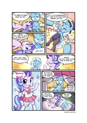 Size: 1414x2000 | Tagged: safe, artist:k-nattoh, starlight glimmer, trixie, pony, unicorn, g4, animal costume, bipedal, bunny costume, clothes, comic, costume, cute, dialogue, duo, duo female, female, heart, horn, leotard, lesbian, pantyhose, school uniform, ship:startrix, shipping, skirt, speech bubble, stockings, text, thigh highs