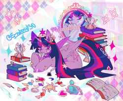 Size: 2048x1670 | Tagged: safe, artist:emoboy130, twilight sparkle, alicorn, pony, g4, abstract background, alternate accessories, alternate cutie mark, bandaid, bangs, big hooves, bookhorse, bookshelf, colored hooves, colored pinnae, crown, ear fluff, ear piercing, earring, element of magic, eye clipping through hair, female, floating heart, folded wings, frown, hair accessory, hairclip, heart, hooves, hourglass, jewelry, long eyelashes, long mane, long tail, looking away, lying down, mane accessory, mane clip, mare, mirror, multicolored mane, multicolored tail, open book, pentagram, piercing, prone, puella magi madoka magica, purple coat, purple eyes, purple hooves, quill pen, regalia, shiny mane, shiny tail, shrunken pupils, signature, solo, sparkles, stack of books, straight mane, straight tail, tail, tail accessory, text, three toned mane, three toned tail, tiara, tri-color mane, tri-color tail, tri-colored mane, tri-colored tail, tricolor mane, tricolor tail, tricolored mane, tricolored tail, twilight sparkle (alicorn), wall of tags, wing fluff, wings, zoom layer
