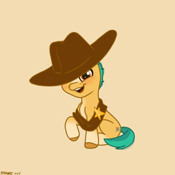 Size: 2480x2480 | Tagged: safe, artist:starburstuwu, hitch trailblazer, earth pony, pony, g5, blaze (coat marking), coat markings, colt, cowboy hat, cute, facial markings, foal, hat, hitchbetes, light yellow background, male, open mouth, open smile, oversized hat, pale belly, simple background, smiling, socks (coat markings), solo, yellow background, younger