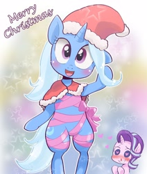 Size: 1354x1600 | Tagged: safe, artist:k-nattoh, starlight glimmer, trixie, pony, unicorn, g4, bipedal, blood, blushing, christmas, duo, female, gradient background, hat, heart, heart eyes, holiday, horn, lesbian, mare, nosebleed, open mouth, ribbon, santa hat, ship:startrix, shipping, smiling, standing, stars, wingding eyes