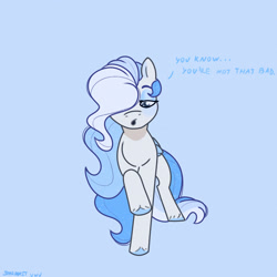 Size: 2480x2480 | Tagged: safe, artist:starburstuwu, oc, oc only, oc:florid frost, pegasus, pony, dialogue, hair over one eye, male, pegasus oc, signature, simple background, solo, stallion