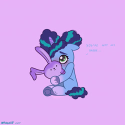 Size: 2480x2480 | Tagged: safe, artist:starburstuwu, misty brightdawn, pony, unicorn, g5, afro puffs, cute, dialogue, filly, filly misty brightdawn, floppy ears, hoof heart, horn, mistybetes, plushie, scared, solo, teary eyes, underhoof, younger