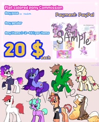 Size: 1666x2048 | Tagged: safe, artist:petaltwinkle, pinkie pie, princess cadance, twilight sparkle, oc, alicorn, earth pony, pegasus, unicorn, g4, advertisement, blue text, commission info, commissions open, earth pony oc, flying, horn, lying down, pegasus oc, pink text, prone, sitting, text, twilight sparkle (alicorn), unicorn oc, watermark