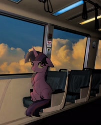 Size: 1666x2048 | Tagged: safe, artist:petaltwinkle, twilight sparkle, pony, unicorn, g4, bangs, cloud, cute, desaturated, earbuds, eyelashes, female, floppy ears, frown, headphones, horn, irl, listening to music, looking up, mare, photo, public transportation, purple coat, purple eyes, real life background, sitting, solo, three toned mane, three toned tail, train, tri-color mane, tri-color tail, tri-colored mane, tri-colored tail, tricolor mane, tricolor tail, tricolored mane, tricolored tail, twiabetes, unicorn horn, unicorn twilight