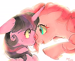 Size: 2048x1666 | Tagged: safe, alternate version, artist:petaltwinkle, pinkie pie, twilight sparkle, earth pony, pony, unicorn, g4, alternate design, bangs, blue eyes, blurry, blushing, boop, colored hooves, curly mane, duo, duo female, ears back, eye clipping through hair, eyelashes, female, fetlock tuft, filter, floppy ears, frown, hooves, horn, looking at each other, looking at someone, mare, noseboop, open mouth, open smile, pink coat, pink hooves, pink mane, profile, purple coat, purple eyes, raised hoof, shiny, shiny eyes, signature, simple background, smiling, smiling at someone, straight mane, sweat, sweatdrop, three toned mane, tongue out, tri-color mane, tri-colored mane, tricolor mane, tricolored mane, unicorn horn, unicorn twilight, unshorn fetlocks, white background