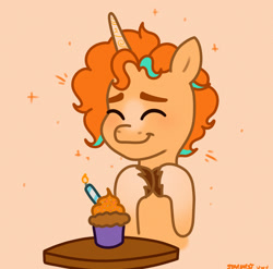 Size: 1864x1838 | Tagged: safe, artist:starburstuwu, oc, oc only, oc:starburst (starburstuwu), pony, unicorn, birthday, candle, cupcake, cute, eyes closed, food, happy, horn, not sunburst, ocbetes, smiling, solo, unicorn oc