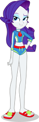 Size: 1257x3889 | Tagged: safe, artist:dustinwatsongkx, rarity, human, equestria girls, g4, applejack's beach shorts swimsuit, clothes, clothes swap, geode of super strength, magical geodes, sandals, simple background, solo, swimsuit, swimsuit swap, transparent background, vector
