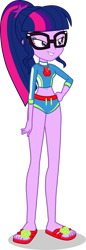 Size: 1280x3726 | Tagged: safe, artist:dustinwatsongkx, sci-twi, twilight sparkle, human, equestria girls, g4, applejack's beach shorts swimsuit, clothes, clothes swap, female, geode of super strength, magical geodes, sandals, simple background, solo, swimsuit, swimsuit swap, transparent background, vector