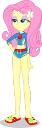 Size: 1280x3893 | Tagged: safe, artist:dustinwatsongkx, fluttershy, human, equestria girls, g4, applejack's beach shorts swimsuit, clothes, clothes swap, female, geode of super strength, hand on hip, magical geodes, sandals, simple background, skinny, solo, swimsuit, swimsuit swap, thin, transparent background, vector