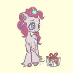 Size: 1074x1074 | Tagged: safe, artist:tuskonline, pinkie pie, earth pony, pony, g4, balloon, bandaid, blue eyes, candy, female, food, lollipop, mare, pink hair, pink mane, pink tail, present, simple background, tail, yellow background