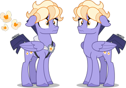 Size: 2000x1394 | Tagged: safe, artist:orin331, private pansy, pegasus, pony, g4, alternate design, badge, floppy ears, frown, male, redesign, scared, simple background, solo, stallion, transparent background, wide eyes, wings