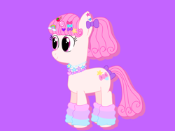 Size: 1024x768 | Tagged: safe, artist:lnx1ynight16, oc, oc only, oc:confetti kei, earth pony, pony, clothes, ear piercing, eyelashes, female, hair accessory, jewelry, leg warmers, mare, necklace, piercing, pink mane, pink tail, ponytail, purple background, simple background, smiling, solo, tail