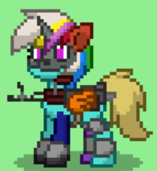 Size: 399x436 | Tagged: safe, artist:blackblade360, oc, oc only, oc:swap part, pegasus, pony, ashes town, fallout equestria, armor, battle saddle, body armor, body part swap, body parts, creepy, cyan coat, digital art, fallout, female, green background, implied death, magenta eyes, mare, pegasus oc, pixel art, raider, raider armor, simple background, skull, skull mask, tan tail, wings