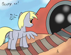 Size: 3666x2862 | Tagged: safe, artist:frownfactory, derpy hooves, pegasus, g4, atg 2024, dialogue, female, i can see the light, light, newbie artist training grounds, solo, this will end in death, tracks, train, tunnel