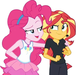 Size: 2542x2520 | Tagged: safe, edit, edited screencap, editor:mrtoonlover83, screencap, pinkie pie, sunset shimmer, human, all the world's off stage, all the world's off stage: pinkie pie, equestria girls, g4, my little pony equestria girls: choose your own ending, arm behind back, armpits, background removed, best friends, black pants, black shirt, clothes, cutie mark on clothes, director shimmer, duo, duo female, eyebrows, female, geode of sugar bombs, hairband, hand on shoulder, headset, jewelry, lidded eyes, looking at each other, looking at someone, magical geodes, necklace, not a vector, open mouth, open smile, rah rah skirt, raised eyebrow, shirt, simple background, skirt, smiling, t-shirt, tank top, transparent background