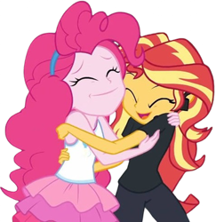 Size: 2451x2520 | Tagged: safe, edit, edited screencap, editor:homersimpson1983, screencap, pinkie pie, sunset shimmer, human, equestria girls, g4, background removed, director shimmer, duo, duo female, eyes closed, female, hug, not a vector, simple background, transparent background