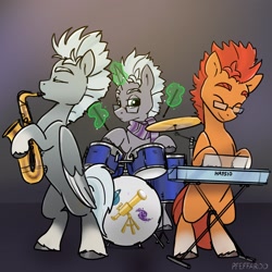 Size: 2048x2048 | Tagged: safe, artist:pfeffaroo, oc, oc only, oc:cobalt, oc:scope, oc:sunflare, earth pony, pegasus, pony, unicorn, drums, earth pony oc, gradient background, horn, keyboard, male, musical instrument, not alphabittle, pegasus oc, saxophone, stallion, trio, unicorn oc