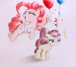 Size: 2357x2080 | Tagged: safe, artist:mizhisha, lily pad (g4), pinkie pie, earth pony, pony, g4, balloon, colored pencil drawing, confetti, duo, duo female, equestria girls ponified, female, filly, foal, mare, ponified, requested art, traditional art