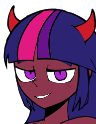 Size: 720x933 | Tagged: safe, artist:eltrash_art6, artist:icicle-niceicle-1517, color edit, edit, twilight sparkle, demon, human, g4, bedroom eyes, colored, dark skin, devil horns, grin, horns, humanized, looking at you, simple background, smiling, smug, solo, transparent background