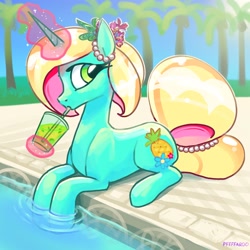 Size: 2048x2048 | Tagged: safe, artist:pfeffaroo, oc, oc only, pony, unicorn, drink, drinking, drinking straw, glowing, glowing horn, horn, palm tree, solo, swimming pool, tree, unicorn oc, water