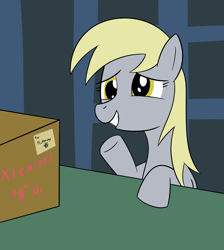 Size: 2659x2963 | Tagged: safe, artist:frownfactory, derpy hooves, pegasus, pony, g4, atg 2024, box, cute, female, mail, nervous, nervous smile, newbie artist training grounds, post office, smiling, solo