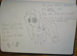 Size: 4079x2979 | Tagged: safe, artist:snowflake_pone, pear butter, earth pony, pony, g4, button, coraline, female, mare, needle, no eyes, simple background, solo, text, thread, traditional art