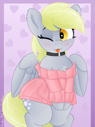 Size: 3016x4032 | Tagged: safe, artist:pabbley, artist:rainbowšpekgs, derpy hooves, pegasus, pony, g4, bipedal, blushing, chest fluff, choker, clothes, collar, cute, derpabetes, female, heart, heart eyes, mare, off shoulder, off shoulder sweater, one eye closed, solo, sweater, sweater dress, tongue out, wide hips, wingding eyes, wings, wink