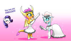 Size: 2776x1586 | Tagged: safe, artist:questionmarkdragon, ocellus, rarity, smolder, changedling, changeling, dragon, unicorn, g4, blushing, clothes, cute, dragoness, dress, eyeshadow, female, floral head wreath, flower, flower girl, flower girl dress, gloves, gradient background, horn, makeup, shoes, smiling, smolder also dresses in style, trio, trio female, wings