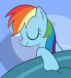 Size: 2384x2608 | Tagged: safe, artist:frownfactory, rainbow dash, pegasus, pony, g4, secrets and pies, atg 2024, bed, blanket, eyes closed, female, newbie artist training grounds, pillow, sleeping, solo