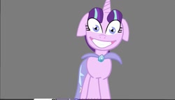 Size: 1577x899 | Tagged: safe, starlight glimmer, g4, cape, clothes, floppy ears, gray background, grin, simple background, smiling, solo