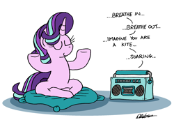 Size: 2196x1510 | Tagged: safe, artist:bobthedalek, starlight glimmer, pony, unicorn, g4, atg 2024, calm, crossed legs, cushion, eyes closed, female, horn, kite, mare, meditating, newbie artist training grounds, relaxed, simple background, smiling, solo, that pony sure does love kites, white background