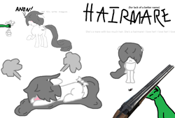 Size: 1598x1080 | Tagged: safe, artist:lrg!!, oc, oc only, oc:anon, oc:fluffy fluster, earth pony, pony, spider, g4, blushing, clothes, duo, female, floppy ears, flustered, frown, gun, hair over eyes, looking at you, mare, meme, monochrome, raised hoof, reaction image, shotgun, simple background, socks, striped socks, weapon, white background