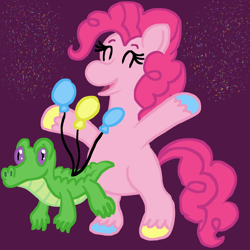 Size: 1000x1000 | Tagged: safe, artist:mintwhistle, gummy, pinkie pie, alligator, earth pony, pony, g4, atg 2024, balloon, bipedal, celebration, colored hooves, confetti, dark pink background, duo, duo male and female, eyes closed, female, floating, hooves, male, mare, medibang paint, missing cutie mark, multicolored hooves, newbie artist training grounds, open mouth, open smile, pink background, simple background, smiling, unshorn fetlocks, when he smiles