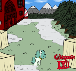 Size: 640x600 | Tagged: safe, artist:ficficponyfic, oc, oc only, oc:emerald jewel, earth pony, pony, colt quest, amulet, building, colored background, colt, complex background, cyoa, door, earth pony oc, femboy, foal, forest, grass, hair over one eye, jewelry, looking away, male, monochrome, mountain, nature, outdoors, recap, solo, story included, tent, text, title card, tree, village