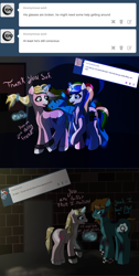 Size: 1280x2534 | Tagged: safe, artist:jillspencil, oc, oc only, oc:microsoft, oc:questrapolia, oc:skywatcher, earth pony, pony, unicorn, ask-questrapolia, broken glasses, bruised, female, glasses, horn, magic, male, mare, spiked wristband, stallion, wristband