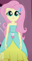 Size: 490x936 | Tagged: safe, artist:qbert2kcat, fluttershy, human, equestria girls, g4, bare shoulders, clothes, dress, fall formal outfits, female, looking at you, skinny, sleeveless, smiling, smiling at you, solo, strapless, thin