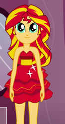 Size: 490x936 | Tagged: safe, artist:qbert2kcat, sunset shimmer, human, equestria girls, g4, bare shoulders, fall formal outfits, female, sleeveless, solo, strapless