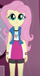 Size: 490x936 | Tagged: safe, artist:qbert2kcat, fluttershy, equestria girls, g4, clothes, clothes swap, looking at you, rainbow dash's skirt, skinny, skirt, smiling, smiling at you, solo, thin