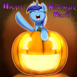 Size: 1280x1280 | Tagged: safe, artist:acersiii, minuette, pony, unicorn, g4, female, halloween, holiday, horn, jack-o-lantern, mare, pumpkin, solo, tumblr:questioncolgatepony