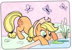 Size: 3240x2268 | Tagged: safe, artist:lullapiies, applejack, butterfly, frog, pony, g4, applejack's hat, coloring page, cowboy hat, hairband, hat, lilypad, pond, solo, tail, tail band, traditional art, water