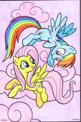 Size: 2076x3126 | Tagged: safe, artist:lullapiies, fluttershy, rainbow dash, pony, cloud, coloring page, flying, traditional art