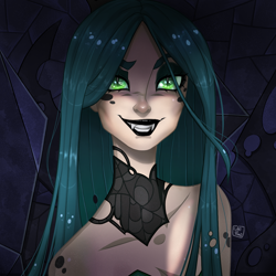 Size: 1236x1236 | Tagged: safe, artist:oniiponii, queen chrysalis, human, g4, choker, clothes, dress, eyeshadow, fangs, female, grin, humanized, lipstick, makeup, redraw, smiling, solo