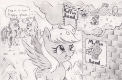 Size: 2000x1314 | Tagged: safe, artist:nedemai, bon bon, lyra heartstrings, sweetie drops, earth pony, pony, unicorn, g4, :p, atg 2024, dialogue, female, grayscale, horn, mare, monochrome, newbie artist training grounds, pencil drawing, smiling, solo focus, speech bubble, thought bubble, tongue out, traditional art, trio