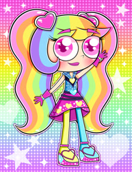 Size: 828x1073 | Tagged: safe, artist:sherbertstarkitty05, twilight sparkle, oc, oc:rainbow vivre, equestria girls, g4, my little pony equestria girls: rainbow rocks, clothes, equestria girls outfit, gradient background, rainbow background, solo