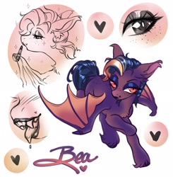 Size: 2008x2048 | Tagged: safe, artist:opalacorn, oc, oc:bea, bat pony, pony, bat pony oc, commission, drool, eyeshadow, fangs, female, heart, lidded eyes, lipstick, looking at you, makeup, mare, partially open wings, simple background, smiling, smiling at you, solo, tongue out, unshorn fetlocks, white background, wings