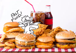 Size: 2955x2066 | Tagged: safe, artist:opalacorn, oc, oc only, bat pony, pony, bat pony oc, big mac (burger), bipedal, burger, chicken meat, coca-cola, cookie, fish sandwich, food, fried chicken, hamburger, meat, ponies in food, simple background, soda, solo, spread wings, white background, wings