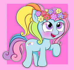 Size: 921x867 | Tagged: safe, artist:sherbertstarkitty05, rainbow dash (g3), earth pony, pony, g3, g3.5, blushing, flower, flower in hair, looking up, open mouth, open smile, raised hoof, smiling, solo